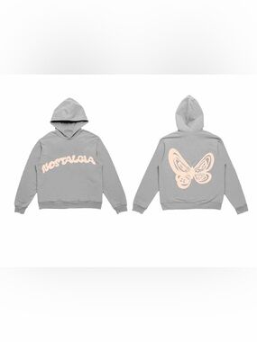 Rod Wave Nostalgia Gray Hoodie with Pale Pink Script & Butterfly Puff Print